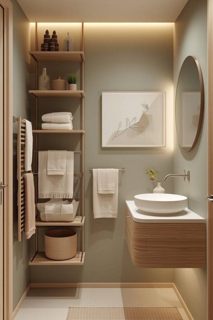 Petite Salle de Bain avec rangements muraux verticaux et étagères minimalistes