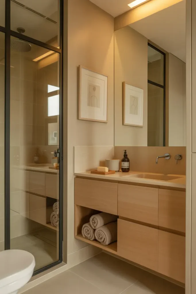 Petite Salle de Bain Japandi avec verre clair et rangement optimisé