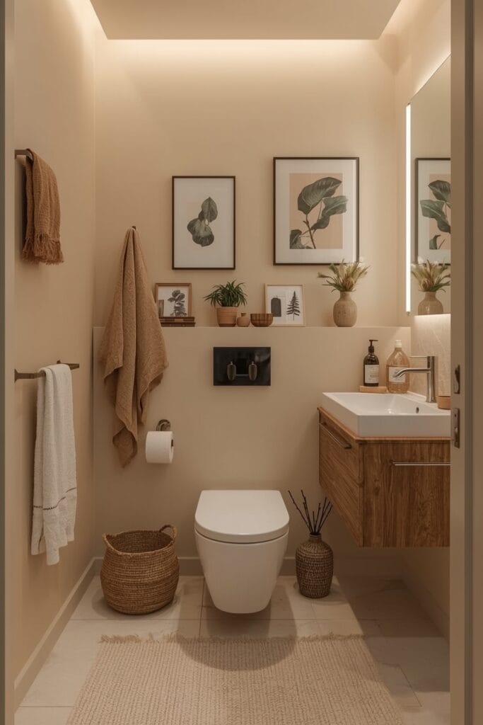 Petite Salle de Bain boho chic avec supports muraux et espace optimisé