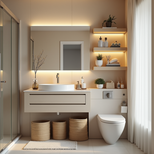 Petite Salle de Bain optimisée avec rangements muraux, miroir lumineux et meubles compacts pour maximiser l’espace tout en conservant une ambiance cosy et moderne.
