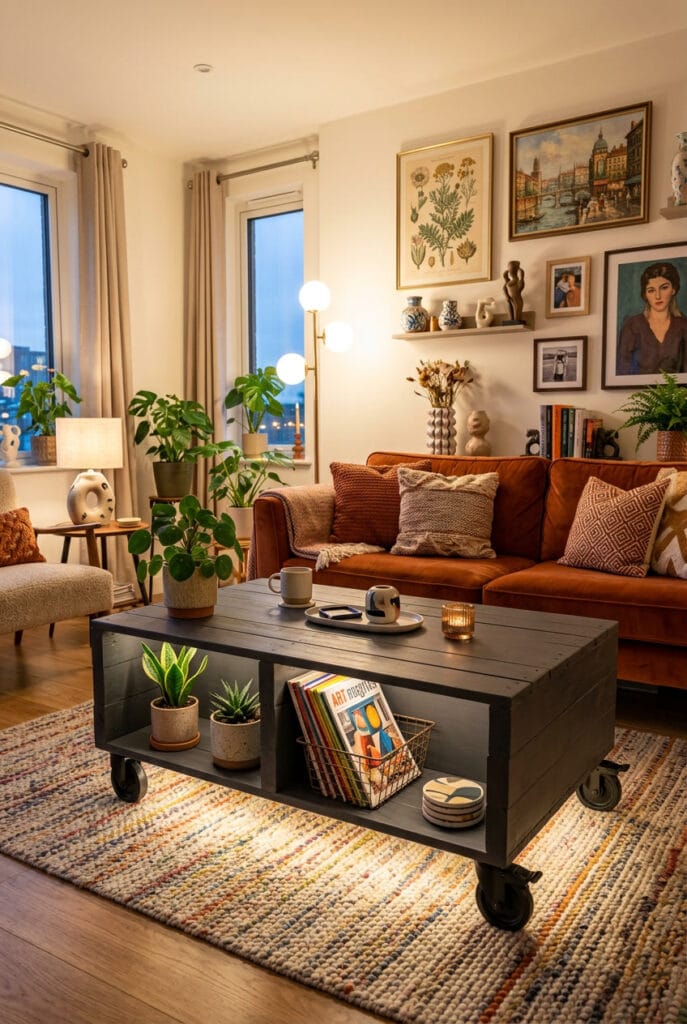 Table basse en palette de bois brut dans un salon cosy pour un meuble DIY économique et écologique
