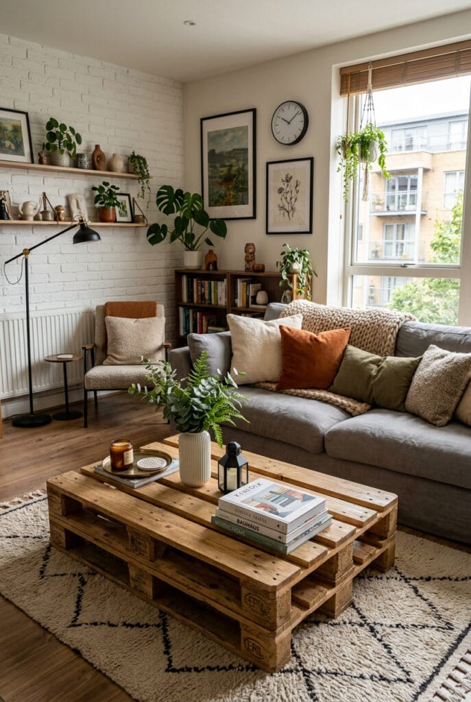 Table basse en palette intégrée dans un salon cosy et industriel avec coussins, plaid et plantes vertes