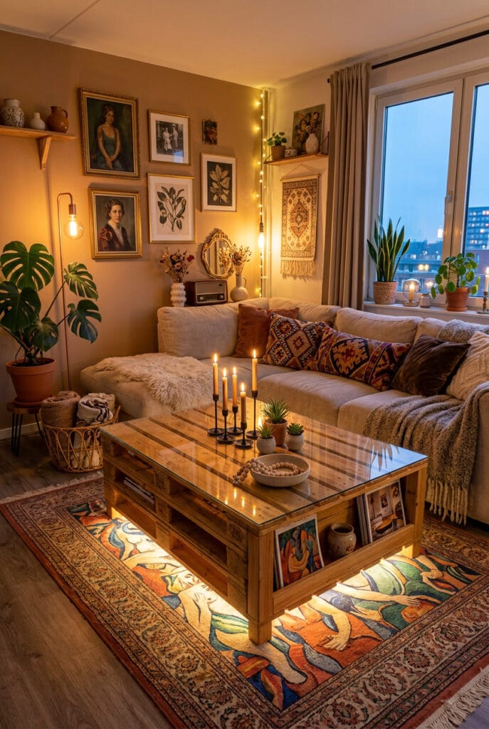 Table basse en palette décorée avec plantes vertes, accessoires métalliques, coussins et éclairage LED dans un salon cosy et industriel