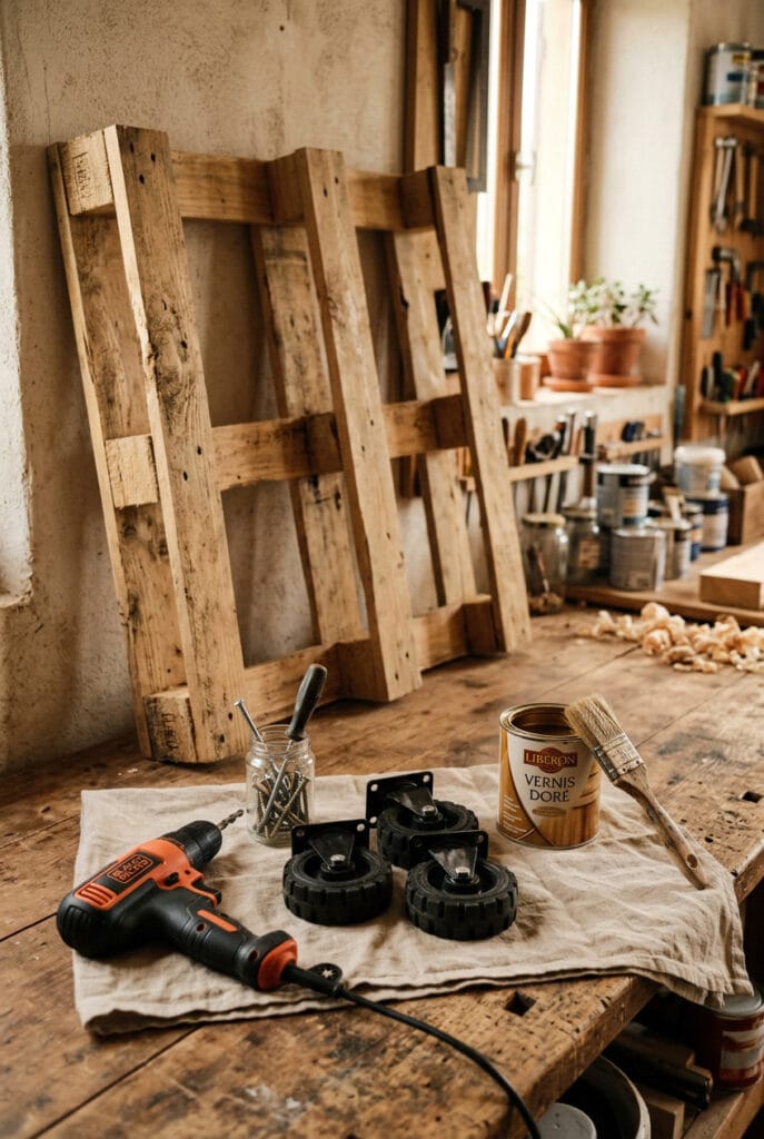 Outils et matériaux pour fabriquer une table basse en palette posés sur un établi en bois dans un atelier cosy