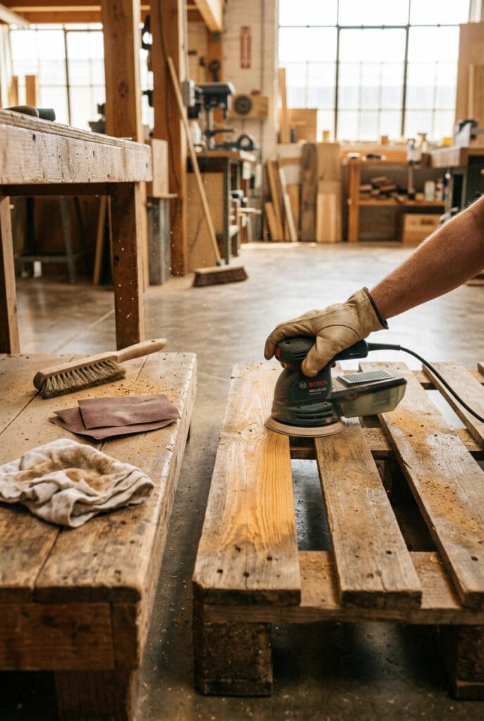 Ponçage d'une palette en bois à la ponceuse électrique pour préparer une table basse en palette DIY