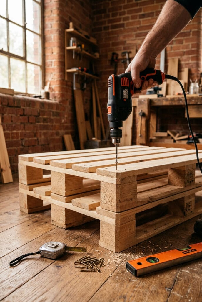 Assemblage de deux palettes en bois superposées avec une perceuse pour former la base d'une table basse en palette DIY