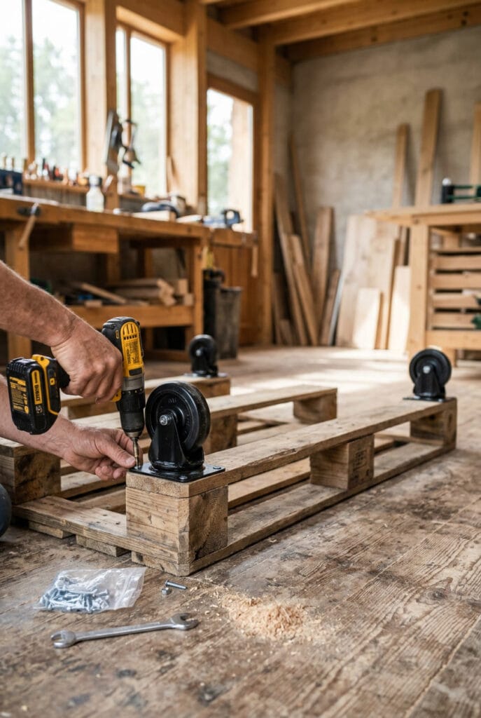 Fixation de roulettes industrielles noires aux quatre coins d'une palette en bois pour une table basse en palette mobile