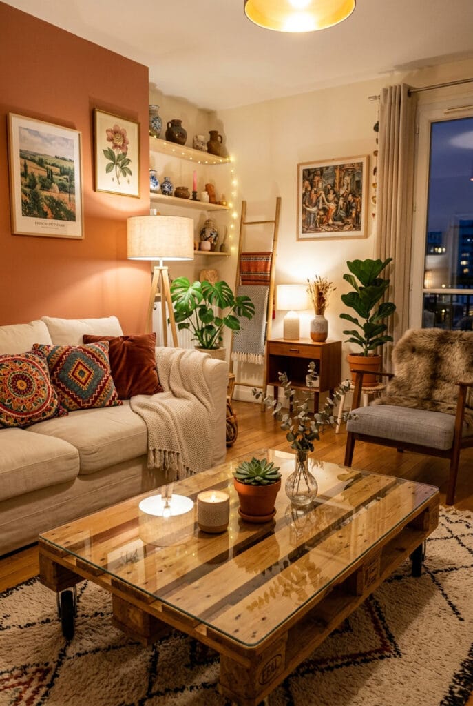 Table basse en palette avec plateau en verre transparent et objets décoratifs dans un salon cosy et élégant