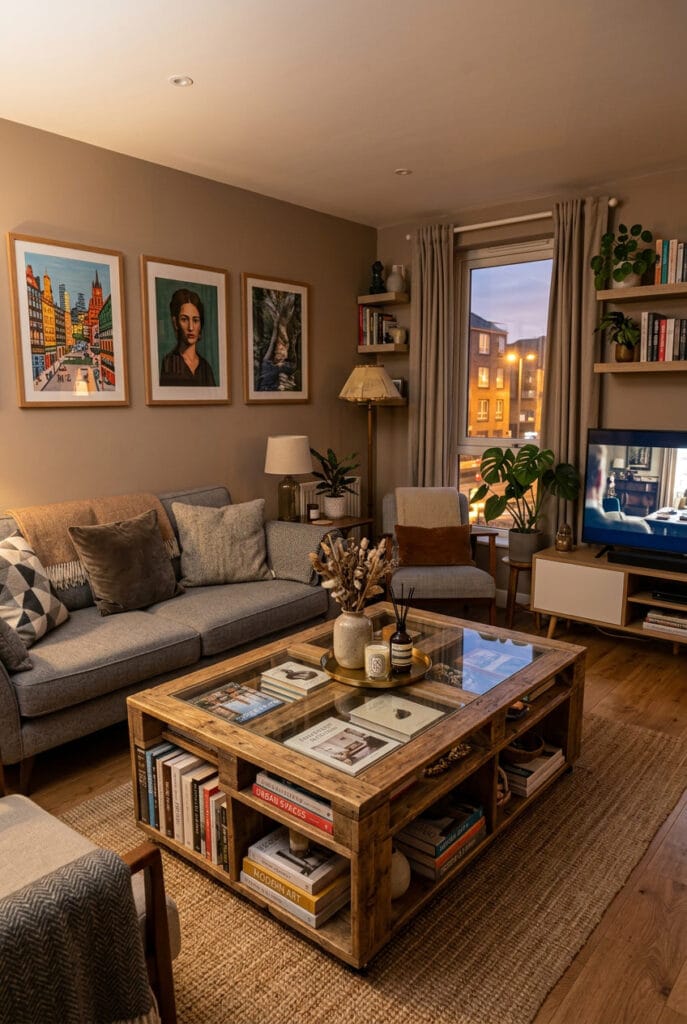 Table basse en palette avec compartiments de rangement remplis de livres et objets décoratifs dans un salon cosy