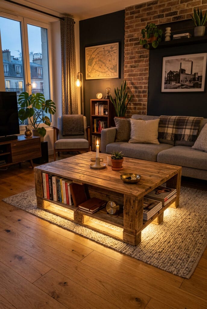 Table basse en palette avec ruban LED intégré diffusant une lumière douce et dorée dans un salon cosy