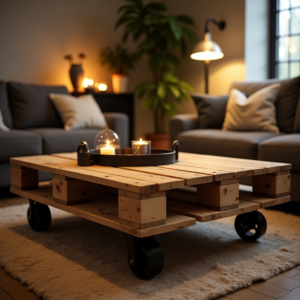 Table Basse en Palette avec roulettes industrielles, finition bois naturel, dans un salon cosy avec éclairage chaleureux et accessoires métalliques.