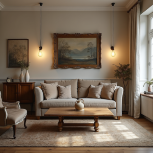 deco vintage : Salon cosy mêlant des meubles anciens et modernes, avec un fauteuil en velours, une table en bois massif et un miroir rétro, sublimé par une lumière douce et chaleureuse.