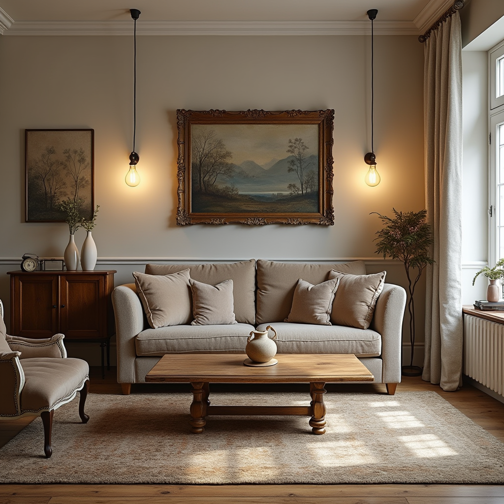 deco vintage : Salon cosy mêlant des meubles anciens et modernes, avec un fauteuil en velours, une table en bois massif et un miroir rétro, sublimé par une lumière douce et chaleureuse.