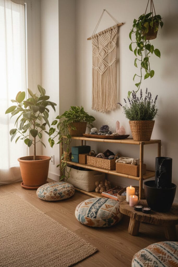 Espace intérieur pour yoga à la maison avec décoration naturelle et atmosphère relaxante.