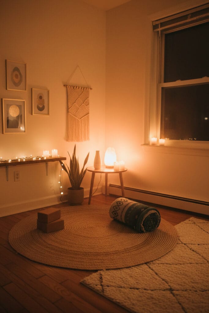 Espace de yoga à la maison avec éclairage doux et ambiance chaleureuse.