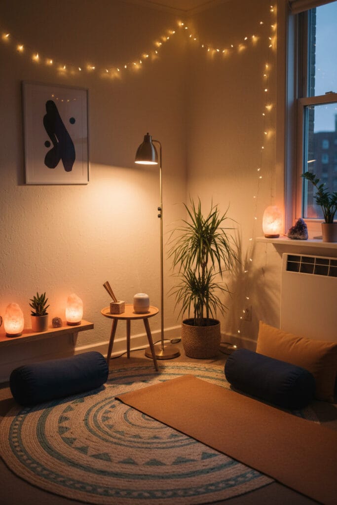 Coin yoga à la maison illuminé par un éclairage doux dans une atmosphère relaxante.