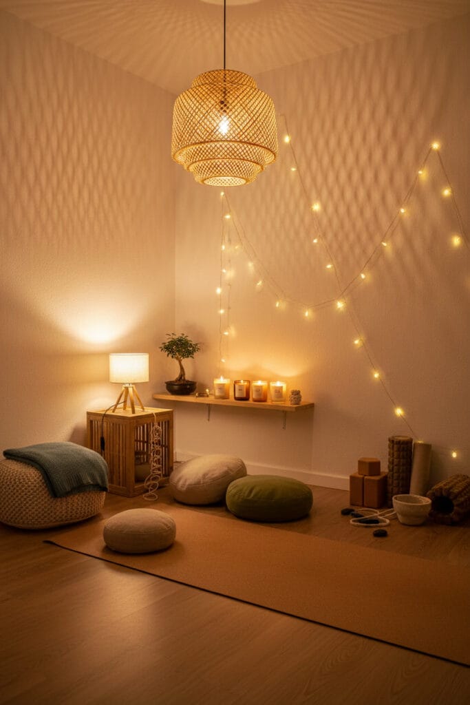 Espace intérieur aménagé pour le yoga à la maison avec éclairage tamisé et ambiance cosy.