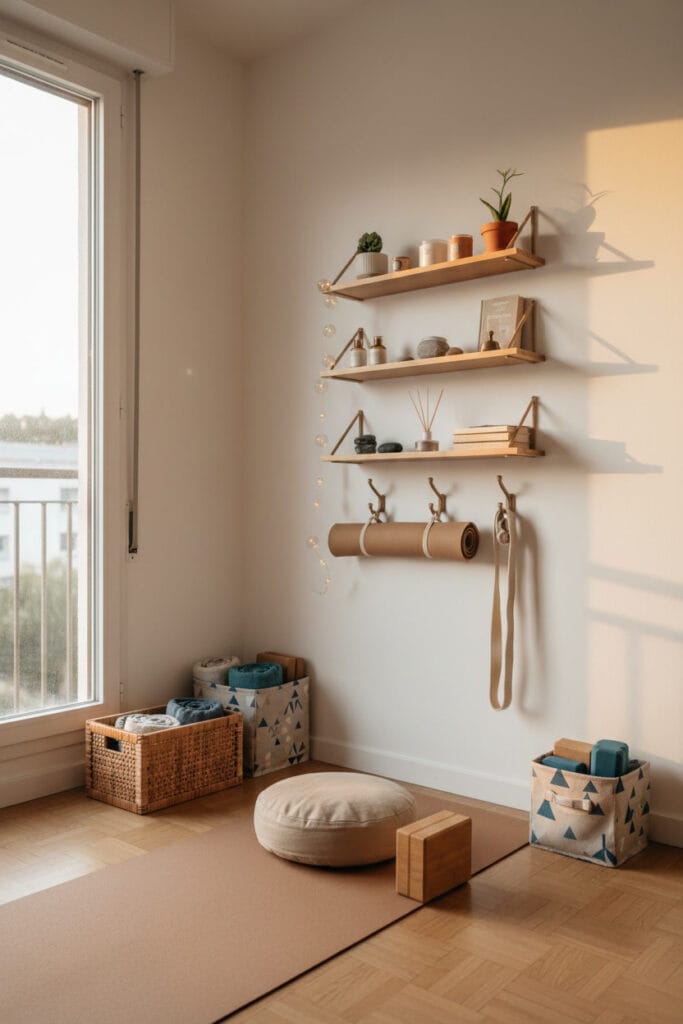 Espace de yoga à la maison organisé dans une ambiance minimaliste et épurée.
