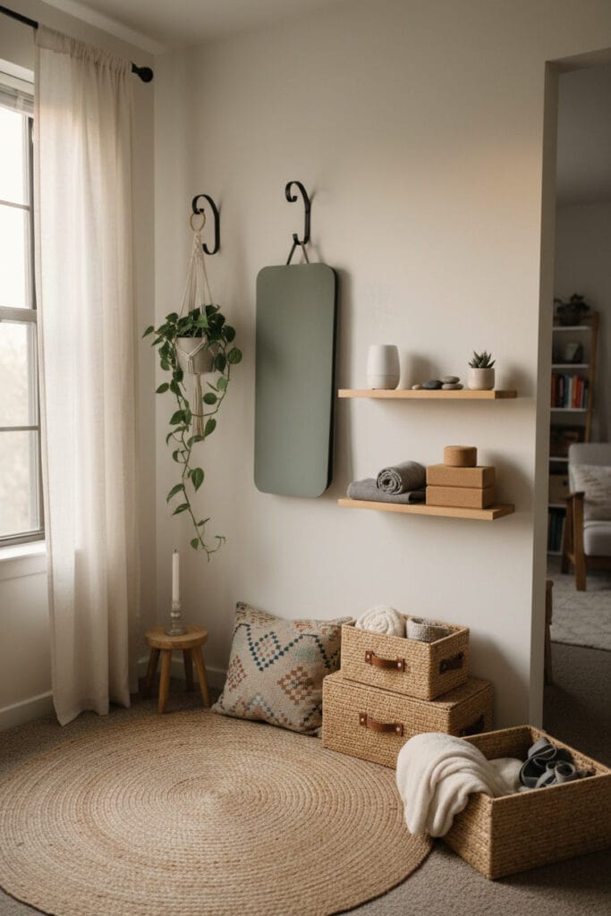 Coin yoga à la maison aménagé dans un style minimaliste et ordonné.