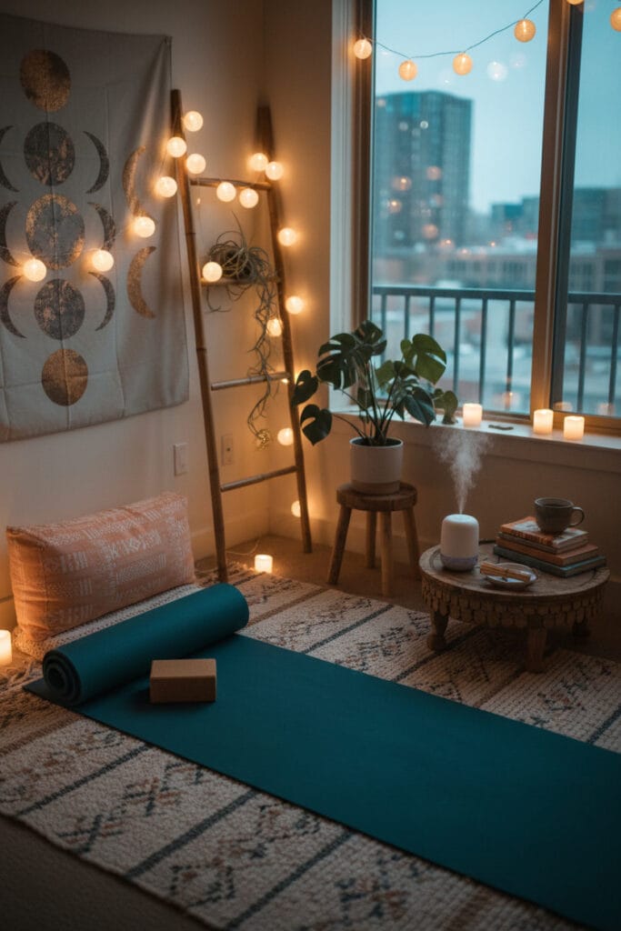 Coin de yoga à la maison personnalisé avec décoration inspirante et ambiance chaleureuse.