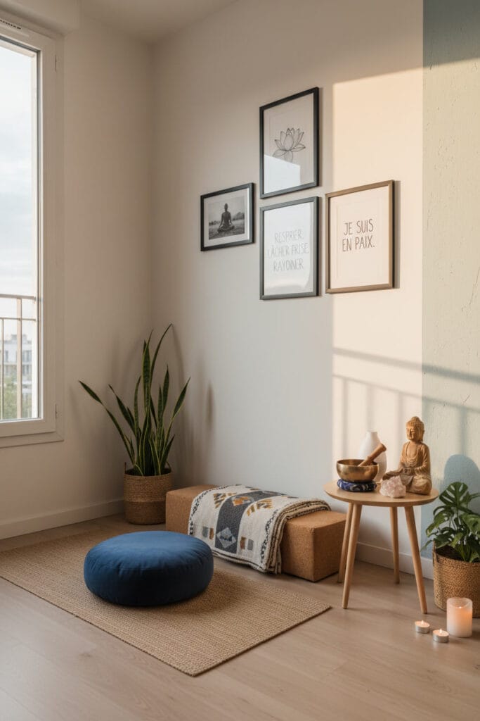 Espace de yoga à la maison décoré avec des éléments personnels dans une atmosphère apaisante.