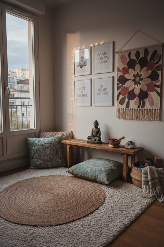 Coin aménagé pour le yoga à la maison avec décoration personnalisée et ambiance zen.