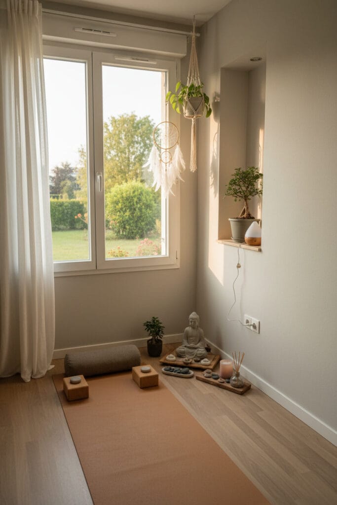 Coin lumineux pour yoga à la maison installé près d’une grande fenêtre avec lumière naturelle.