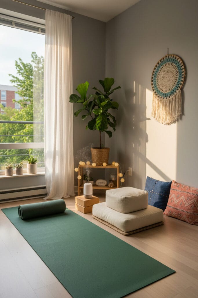 Espace intérieur harmonieux conçu pour le yoga à la maison.