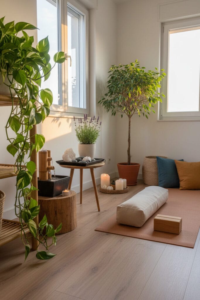 Coin yoga à la maison décoré avec des éléments naturels et une ambiance zen.