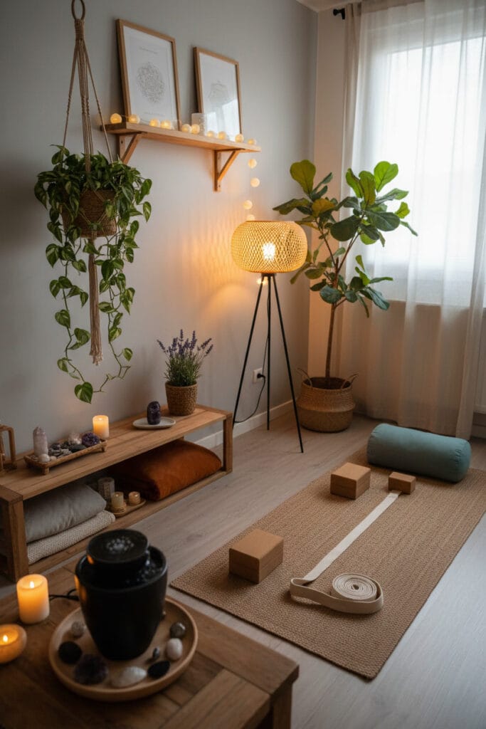 Coin yoga à la maison décoré avec des matériaux naturels dans une ambiance zen.