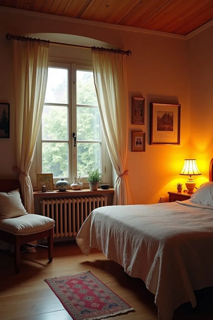 Une chambre cocooning avec des éléments déco personnels comme des cadres photo, des souvenirs de voyage et des céramiques artisanales. Un coin lecture chaleureux avec un fauteuil confortable, un coussin de sol et une lampe douce.