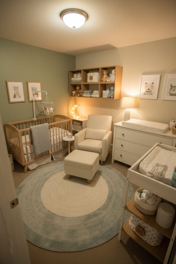 Chambre bebe cosy en soirée avec un éclairage doux et apaisant.
