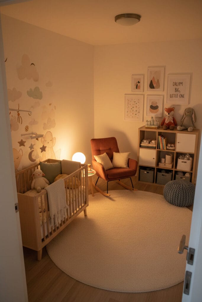 hambre bebe cosy en soirée avec décorations murales et accessoires doux.