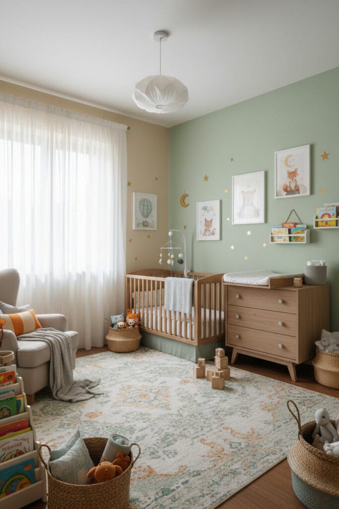 Chambre bebe lumineuse en journée dans un appartement, ambiance ensoleillée et décoration harmonieuse.
