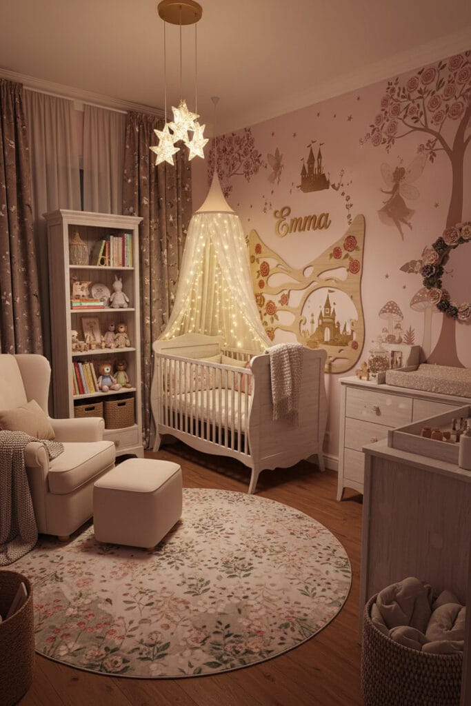 Chambre bebe fille cosy et magique, avec le prénom Emma intégré, inspirée des contes de fées.