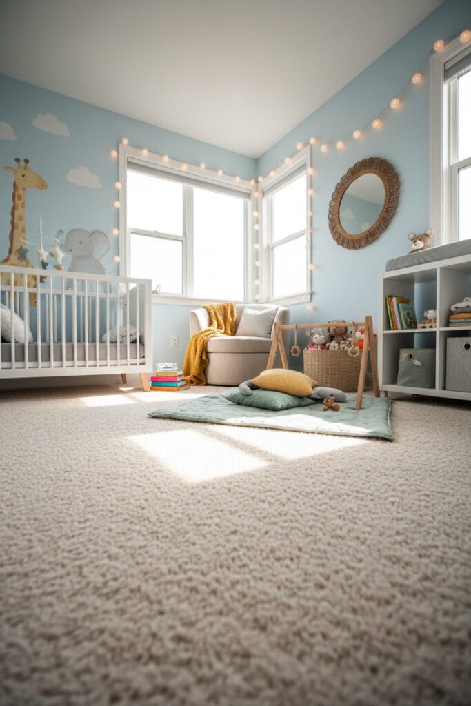 Chambre bebe lumineuse avec décorations murales et accessoires doux.