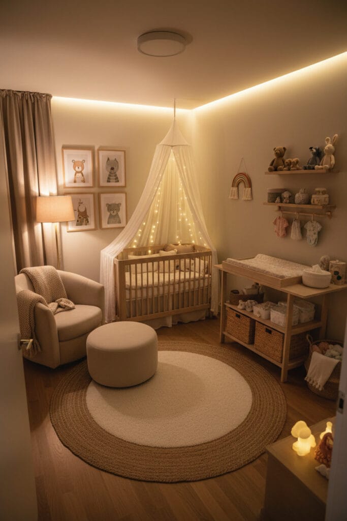 Chambre bebe en soirée, chaleureuse et accueillante, avec accessoires doux et décorations murales harmonieuses.