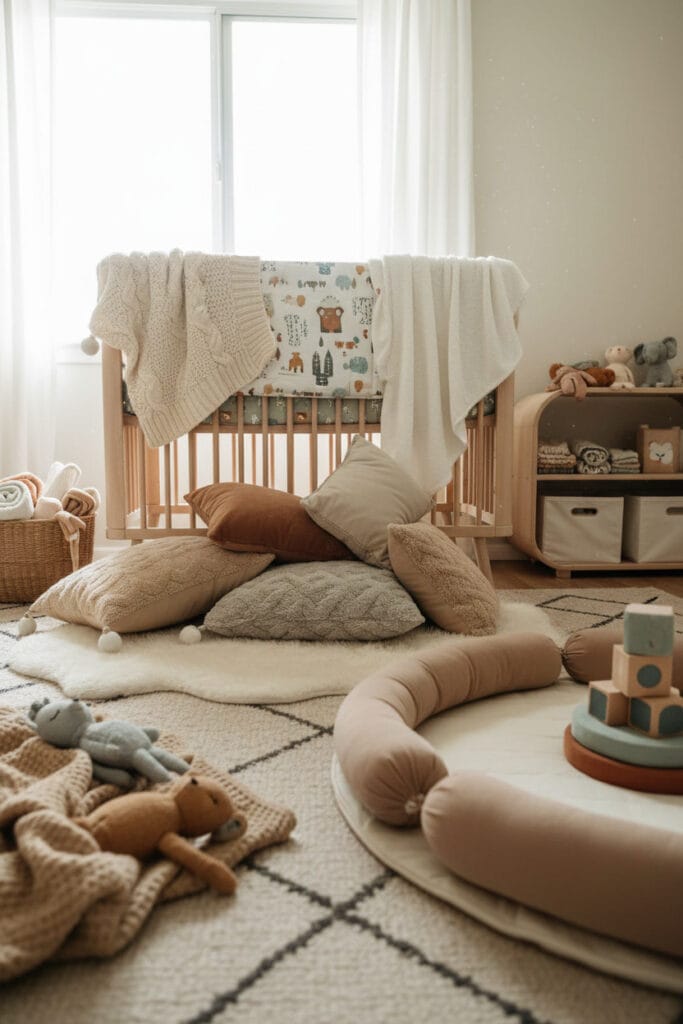 Chambre bebe cosy et douce, avec un accent sur les textiles réconfortants et confortables.