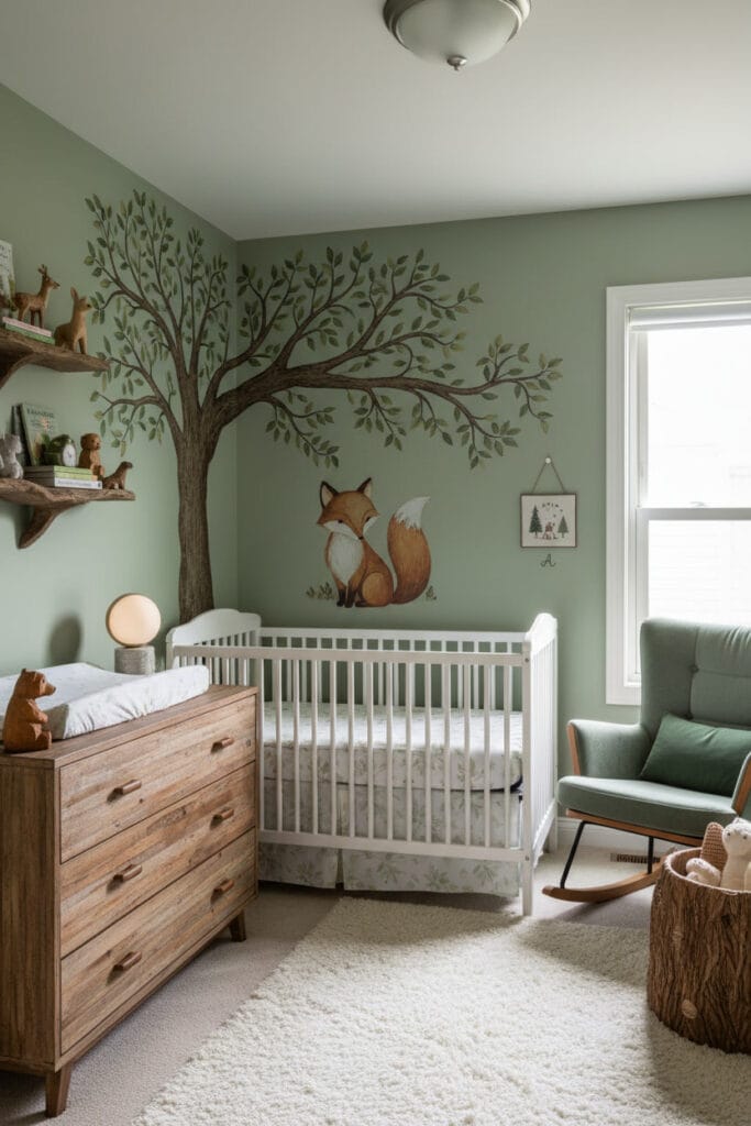 Thème forêt chambre bebe : mur vert sage, décalcomanie murale renard et arbre, mobilier et jouets en bois, literie motifs feuilles, ambiance nature.
