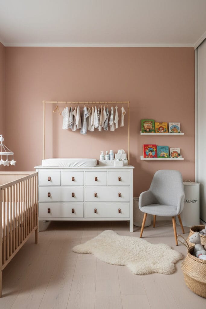 Chambre bebe scandinave fonctionnelle : zones distinctes pour sommeil, change, rangement des vêtements et jouets.