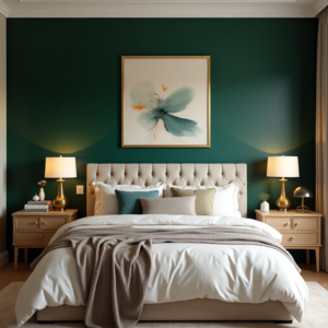 Décoration chambre adulte élégante avec une tête de lit capitonnée, un mur vert émeraude et un tableau encadré en doré illustré, créant une ambiance cosy et sophistiquée.