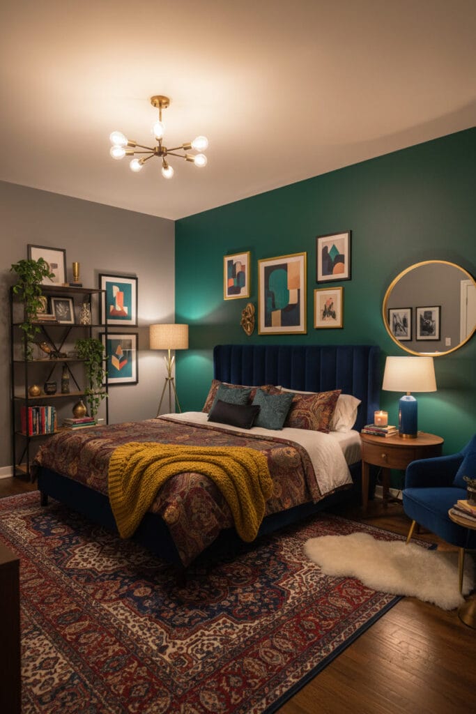 Décoration chambre adulte avec mur foncé et accents dorés créant un contraste élégant