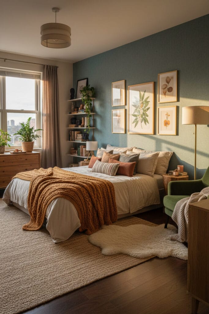 Décoration chambre adulte cosy avec coussins, plaids et tapis en matières naturelles