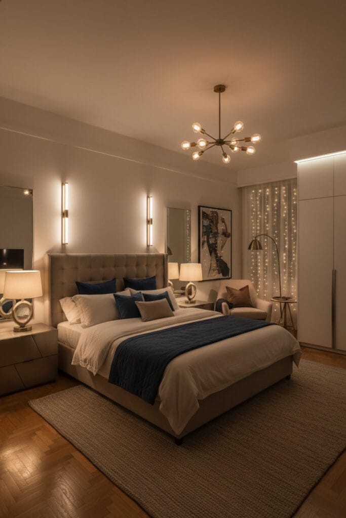 Décoration chambre adulte avec lumière douce, guirlandes et lampes pour ambiance cosy