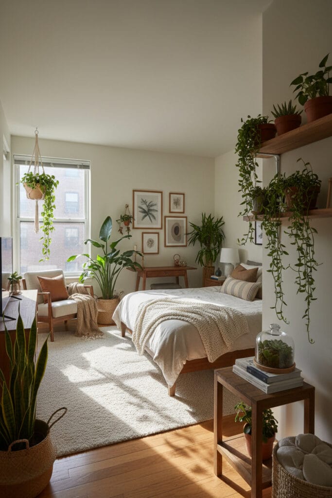 Décoration chambre adulte naturelle avec plantes vertes disposées dans la pièce