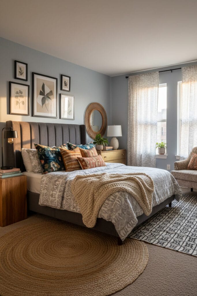 Décoration chambre adulte avec mélange de motifs et matières créant du relief visuel