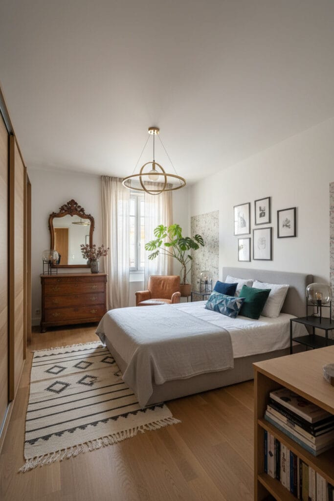 Décoration chambre adulte mêlant mobilier moderne et éléments classiques dans une ambiance harmonieuse