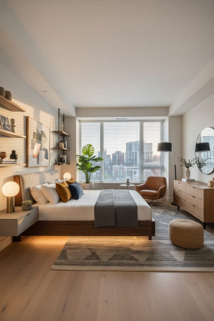 Décoration chambre adulte contemporaine avec mobilier épuré et ambiance moderne