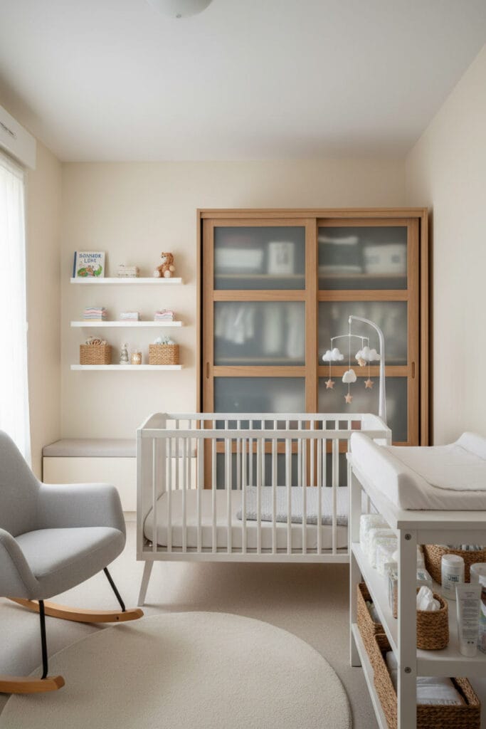 Meubles indispensables chambre bebe : lit sécurisé à barrières réglables, table à langer sécurisée, armoire et étagères murales.