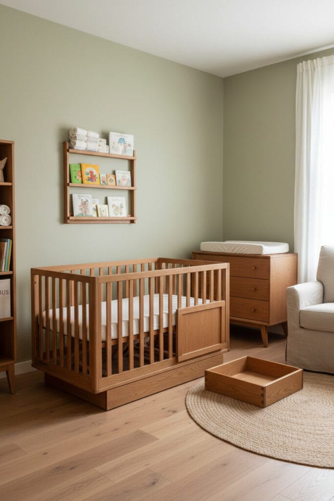 Meubles évolutifs chambre bebe : lit convertible en chêne, commode avec tablette de change amovible et étagère ajustable dans un style naturel.